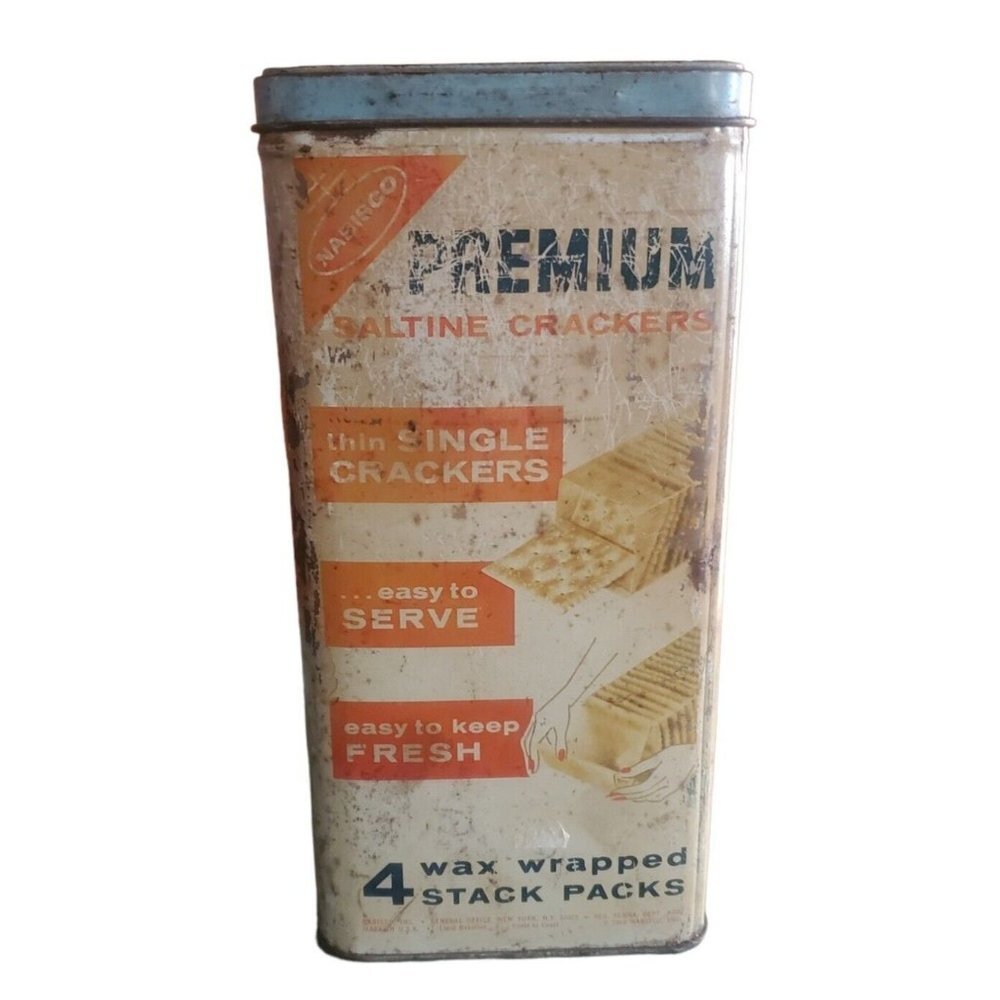 Vintage Nabisco Premium Saltine Crackers Tin Rusted Yellowed Patina 1969 EMPTY